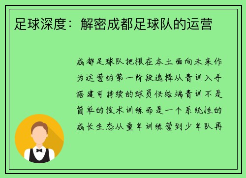 足球深度：解密成都足球队的运营